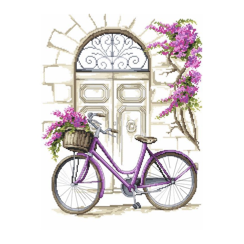 Cross stitch pattern for a phone - Bicycle with bougainvillea