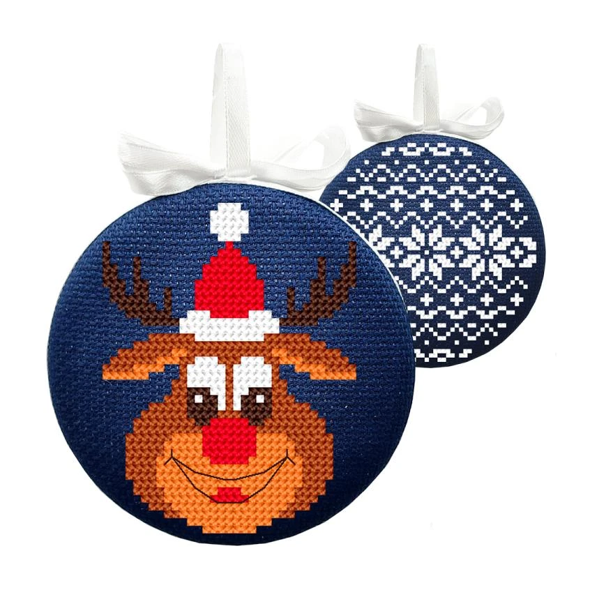 Kreuzstichvorlage für Smartphone - Weihnachtskugel-Diskus mit Rudolf