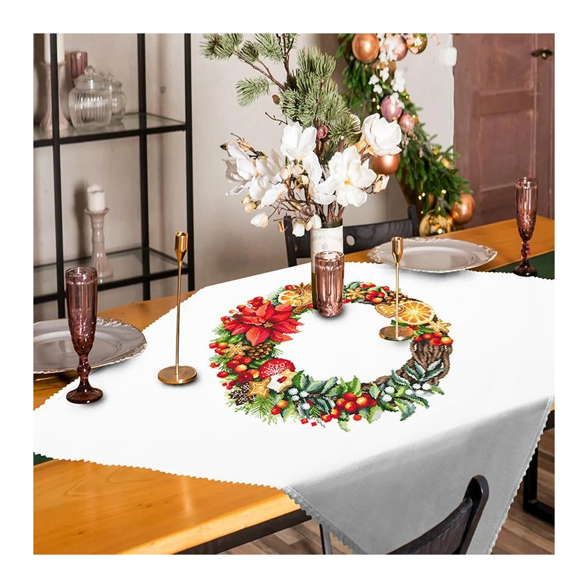 Kreuzstichmuster für Smartphone - Tischdecke mit Weihnachtskranz
