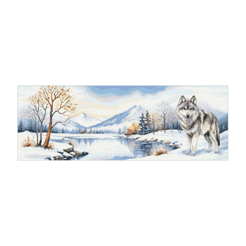 Cross stitch pattern for a phone - Wolf and winter mountains