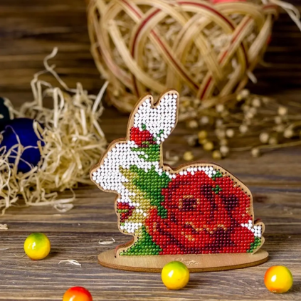 FLK-278 Bead embroidery kit on plywood - Bunny with a rose