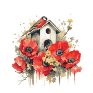 Z 10559 Stickpackung - Vogelhäuschen mit Mohnblumen