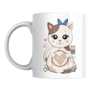 KUB-05 Weiße Tasse - Gestickte Katze