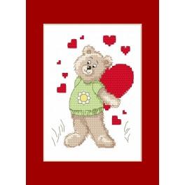 ZI 4986 Stickpackung mit Stickgarn und Perlen - Valentinstagskarte - Der kleine Bär mit einem Herzen